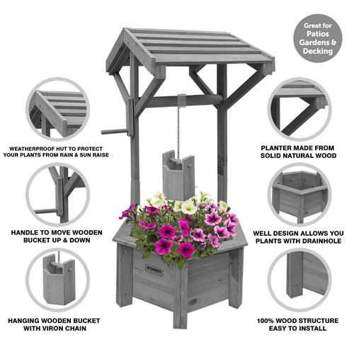 Grey wooden wishing well - wooden,