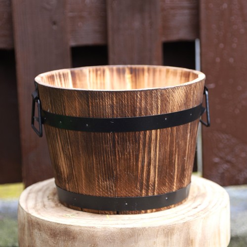 Round wooden barrel planter - barrel,