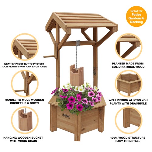 Wooden wishing well planter - wooden,